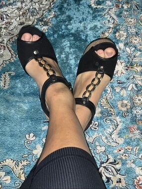 Guess Black Open-Toe Heels with Gold Chain Accent